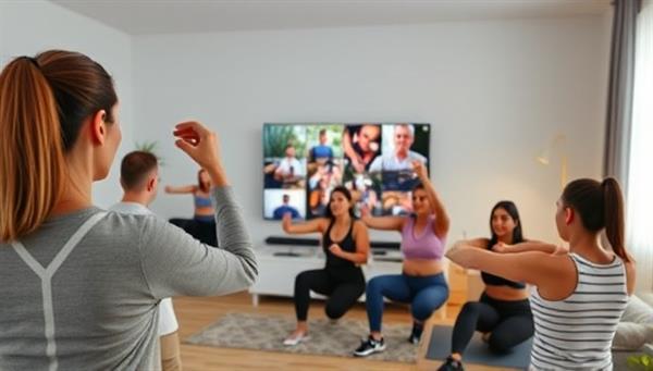 A digital fitness coach leading a virtual workout class with participants following along from their living rooms, showcasing a diverse group of people exercising together in a virtual setting, promoting inclusivity and community in fitness.