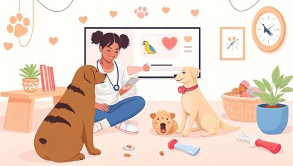 A heartwarming digital illustration of a virtual pet training session, featuring an animal behaviorist demonstrating positive training techniques to a client