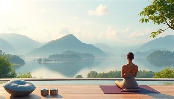A tranquil virtual oasis featuring serene landscapes, calming music, and virtual wellness activities like yoga poses and meditation practices, evoking a sense of peace and relaxation in a digital setting.