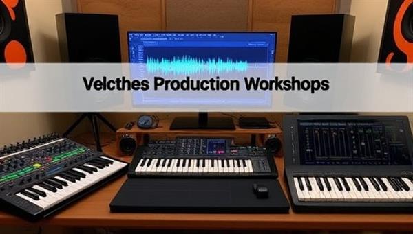 A digital studio setup featuring music production equipment, MIDI controllers, and audio interfaces, with a virtual mixing console and sound waves visualized on a screen, showcasing the creative and technical aspects of music production workshops at SoundCraftAcademy.