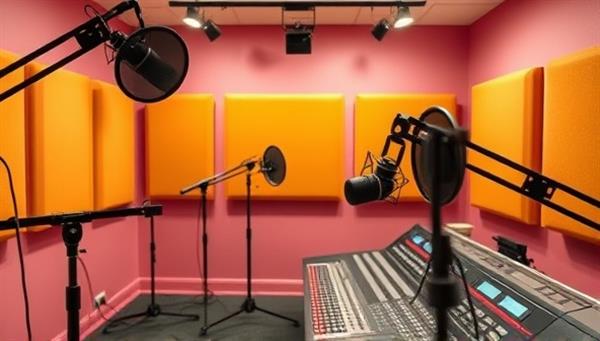 A vibrant studio setup with professional microphones, soundproofing panels, and a mixing console, creating an inviting and creative space for podcasters to record their episodes.
