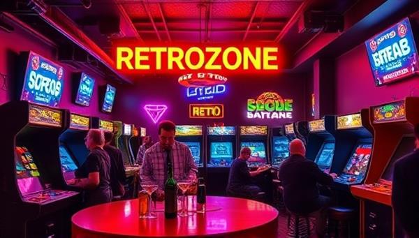 A vibrant retro arcade bar setting with neon lights, vintage arcade cabinets, and guests enjoying classic games and themed cocktails, creating a nostalgic and lively atmosphere that embodies the retro gaming experience of RetroZone Lounge.