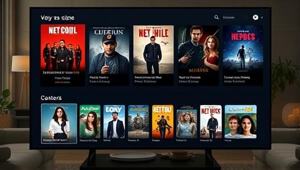 An elegant digital interface displaying movie posters and personalized recommendations, with a cozy living room setting in the background, conveying a sense of comfort and entertainment discovery.