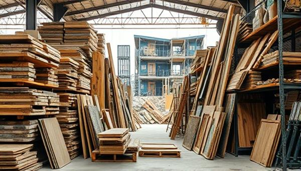 An assortment of salvaged construction materials displayed in a warehouse setting, including stacks of reclaimed wood, salvaged metal beams, vintage fixtures, and architectural details, with a backdrop of a construction site being transformed into a sustainable building project, illustrating the concept of waste reduction and resource reuse.