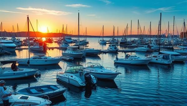 A picturesque image of a tranquil marina filled with various types of boats, bathed in the warm glow of the sunset, with a diverse group of people enjoying a boat ride in the background, highlighting the community and shared experiences facilitated by SeaSwap Boats.