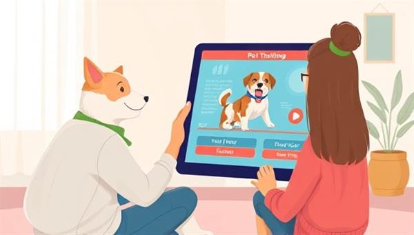 An endearing digital illustration of a virtual pet training session, featuring a pet owner interacting with a virtual trainer on a tablet screen, with a happy pet learning new tricks in the background, creating a warm and supportive environment for pet training and behavior consultation.
