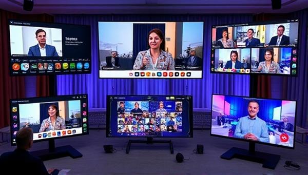 An interactive virtual event setup with multiple screens displaying different elements of an online conference, including speakers, audience engagement tools, and branded event visuals, illustrating the capabilities of Virtual Gatherings Hub.