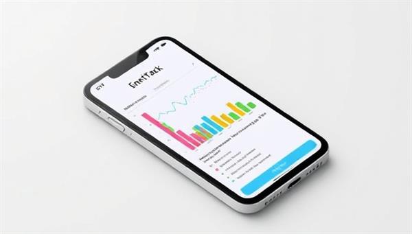 A sleek and modern smartphone screen displaying the EnerTrack app interface with colorful energy consumption graphs and personalized energy-saving tips, conveying simplicity and innovation in energy management.