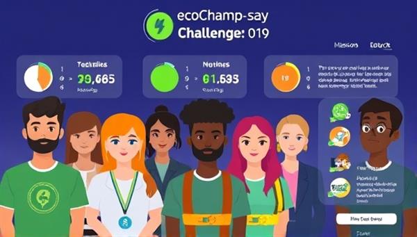 An engaging digital illustration showcasing diverse avatars participating in energy-saving challenges on the EcoChamp Challenge platform, with animated energy meters, green badges, and collaborative missions, illustrating a fun and impactful approach to sustainability.