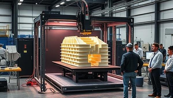An on-site 3D printer creating a large-scale construction component, surrounded by a team of engineers and architects overseeing the process, illustrating the cutting-edge technology and collaborative nature of 3D printed construction in action.