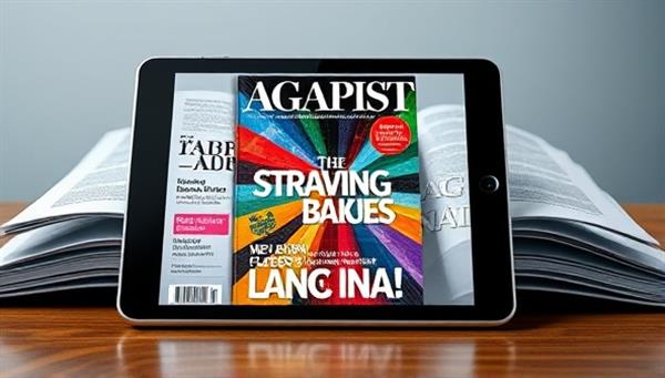 An elegant tablet displaying a digital magazine cover with vibrant visuals and engaging headlines, surrounded by virtual pages flipping and interactive elements, creating a modern and immersive reading experience.