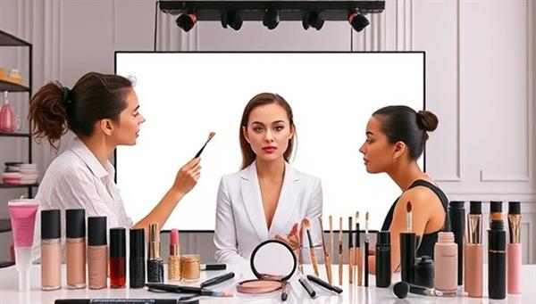 An elegant virtual makeup masterclass setup with a professional makeup artist demonstrating a technique on a model, surrounded by a selection of high-end makeup products and brushes, creating an immersive learning experience for participants.