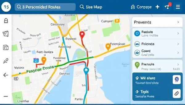 An engaging visualization of a digital map interface displaying personalized commuting routes, with various transportation icons, live traffic updates, and user preferences, illustrating convenience, efficiency, and customization.