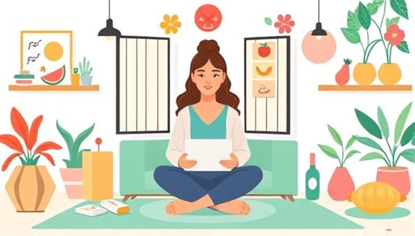 An inviting digital illustration showcasing a virtual coaching session with a health coach discussing wellness goals with a client, surrounded by vibrant images of healthy foods, exercise equipment, and relaxation tools to convey a sense of balance and harmony in holistic health coaching.