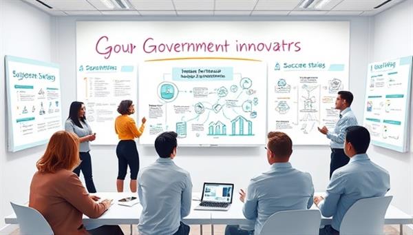A digital collaboration space with government innovators brainstorming ideas on virtual whiteboards, surrounded by innovation frameworks and success stories, symbolizing a vibrant community of change-makers driving public sector transformation.