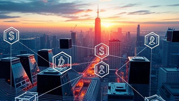 An abstract digital artwork symbolizing blockchain technology with interconnected blocks, cryptographic symbols, and a futuristic cityscape in the background, illustrating the transformative power and potential of blockchain solutions.