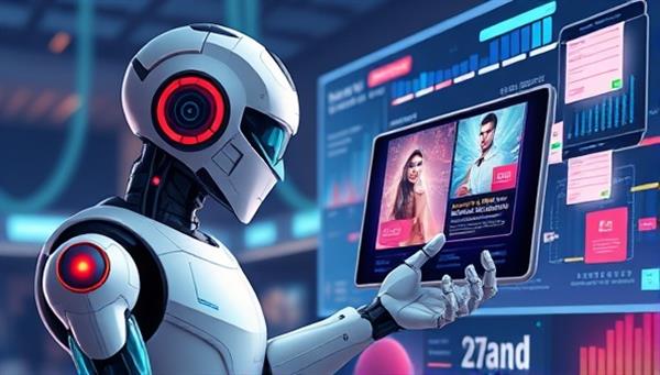 An illustration of a futuristic AI-powered robot analyzing data points and creating personalized ad content on a digital screen, blending creativity and technology in a visually captivating way.