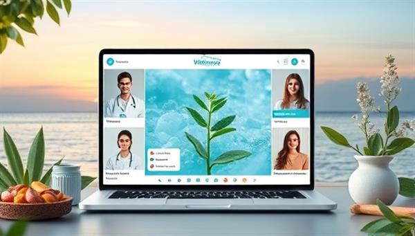 An artistic representation of the WellnessWave Telecare platform interface, showcasing virtual consultations with healthcare providers, wellness coaches, and nutritionists, set against a tranquil backdrop of nature elements and soothing colors, evoking a sense of holistic well-being and connection through telemedicine.