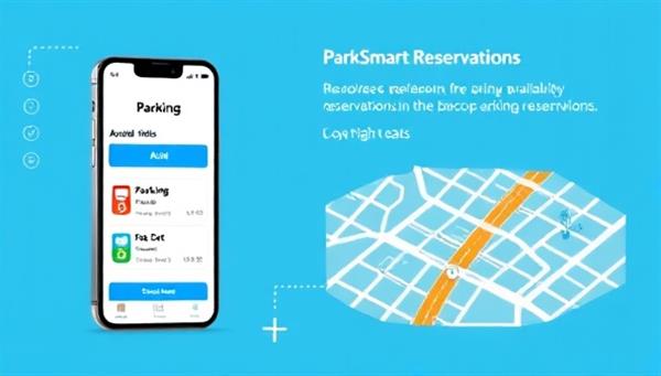 A modern and tech-savvy graphic illustrating a smartphone screen displaying the ParkSmart Reservations app interface with parking spot options, availability status, and a map view of urban parking locations, highlighting the convenience and efficiency of smart parking reservations in urban areas.