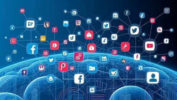 An artistic representation of a digital landscape with interconnected social media icons and personal branding elements, symbolizing the interconnected nature of personal branding in the online world.