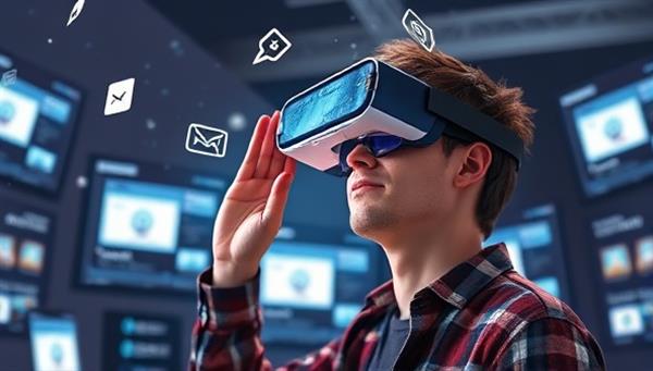 An artistic visualization of a designer wearing AR glasses, interacting with virtual web design elements floating in the air, surrounded by digital screens displaying real-time website prototypes, illustrating the innovative and immersive design experience offered by ARWeb Prototypes in revolutionizing web design prototyping.