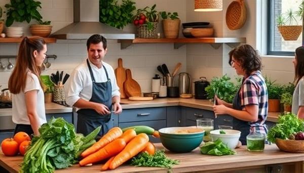 A cozy kitchen setting with a chef teaching a plant-based cooking class, surrounded by fresh produce, herbs, and cooking utensils, showcasing a hands-on and interactive learning experience.
