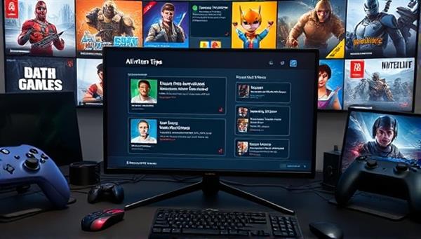 An AI assistant providing real-time gaming tips on a screen, surrounded by gaming peripherals and a diverse range of game genres displayed in the background, illustrating personalized mentorship in action.