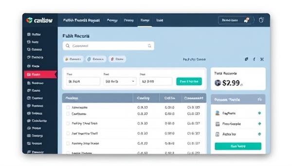 An online platform interface showcasing a streamlined public records request process, with search filters, document previews, and request tracking features, providing transparency and accessibility to government information.