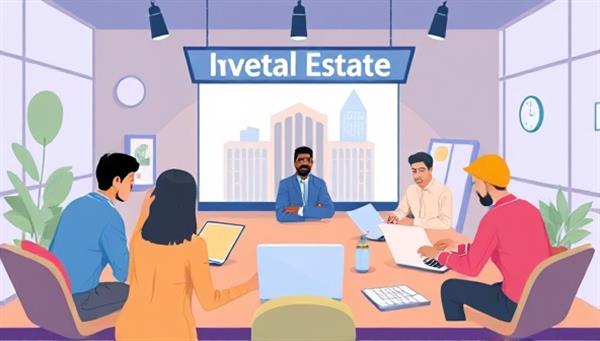 A dynamic digital illustration showcasing a virtual Real Estate Investment Club meeting with diverse members engaging in discussions, networking, and sharing investment insights on their laptops and devices, creating a collaborative and interactive environment within the Investor Circle Hub community.
