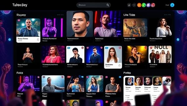 An online talent showcase platform interface showcasing a variety of talent categories, with videos, live streams, and profiles of performers, artists, and creatives, surrounded by vibrant colors and engaging visuals, illustrating the diverse talents and opportunities available on the platform.