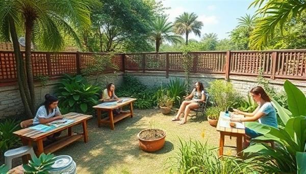 A serene virtual garden oasis with participants engaging in sustainable living workshops, upcycling projects, and eco-conscious lifestyle activities, reflecting the harmony between nature and humanity at GreenLife Academy.