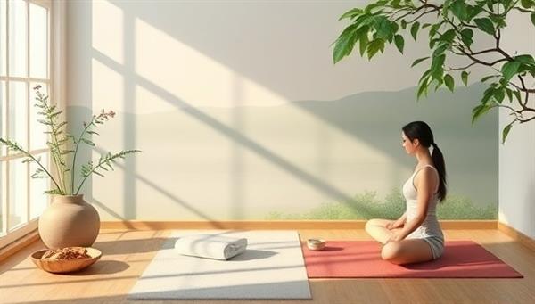 A serene and peaceful virtual coaching environment featuring calming nature backgrounds, wellness tools like yoga mats and herbal teas, a virtual coach providing guidance and support, and a client engaging in mindful practices, creating a tranquil and supportive atmosphere for wellness coaching.