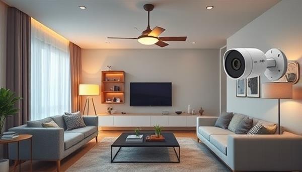 A modern living room scene with smart home devices such as a voice-activated assistant, smart lighting controls, and a security camera system seamlessly integrated into the home decor, illustrating a sophisticated and convenience-enhanced smart living environment.