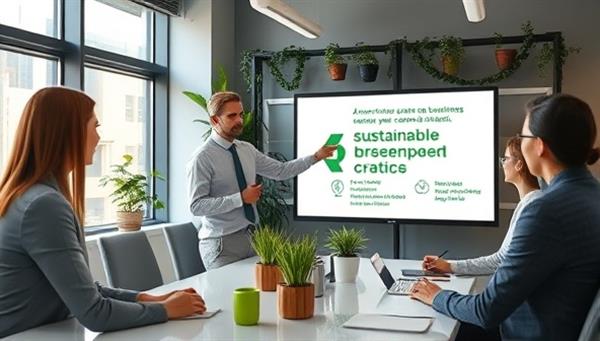 An office setting with a consultant showcasing a digital presentation on sustainable business practices to a group of attentive business executives, surrounded by plant-based decor and eco-friendly office supplies, emphasizing the green consulting approach.