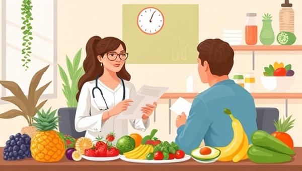 A professional digital illustration of a Nourish Wellness Consultancy virtual nutrition consultation session featuring a dietitian discussing meal plans with a client, surrounded by fresh fruits, vegetables, and nutrition guides, creating a supportive and educational atmosphere for healthy living.