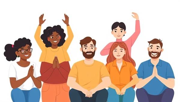 An illustration of a diverse group of individuals engaging in a virtual group therapy session, with each person represented in a different supportive pose, conveying the theme of unity and mental well-being promoted by MindMenders.