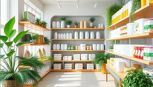 A modern, bright store interior with shelves filled with refillable containers of various sizes, accompanied by lush green plants and eco-friendly product displays, evoking a fresh and sustainable shopping experience.