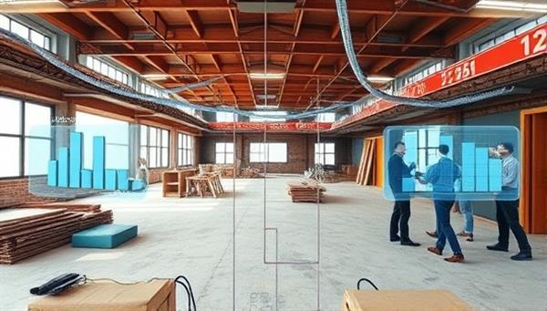 An immersive virtual reality setting showing a construction site with digital overlays displaying project timelines, blueprints, and team interactions, emphasizing the blend of technology and construction management.