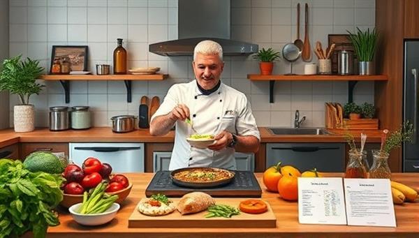 A virtual kitchen setting with a chef showcasing a culinary creation through a live cooking demonstration, surrounded by fresh ingredients, cooking utensils, and digital recipe cards, evoking a sense of culinary delight and learning in virtual cooking classes.