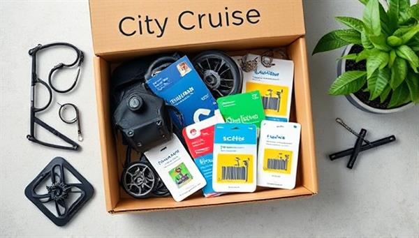An aesthetically pleasing flat lay image of a CityCruise Box filled with stylish bike accessories, public transportation passes, and eco-friendly mobility products, creating a sense of urban chic and convenience.
