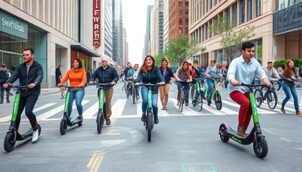 An urban street scene with a diverse group of people effortlessly riding electric scooters and bikes from SwiftRide, showcasing the convenience and accessibility of micro-mobility options in a bustling city environment.