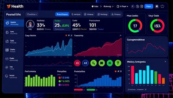 An interactive digital health assessment platform interface displaying personalized health data visualizations, wellness recommendations, and goal-setting tools, creating a futuristic and user-centric health assessment experience.