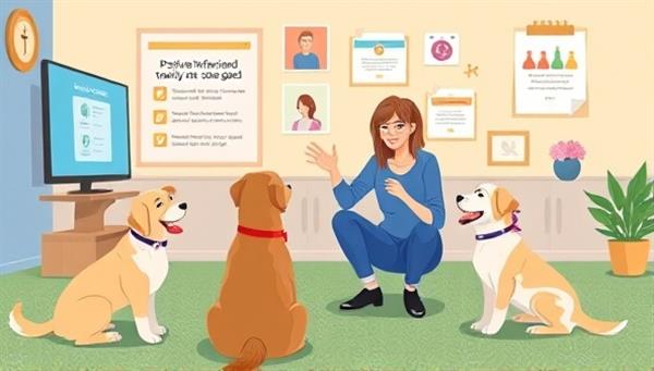 An engaging digital illustration of a virtual pet training session with a trainer demonstrating positive reinforcement techniques, interactive pet training tools, and happy pets learning new behaviors, capturing the essence of fun and effective training experiences on PawPro.
