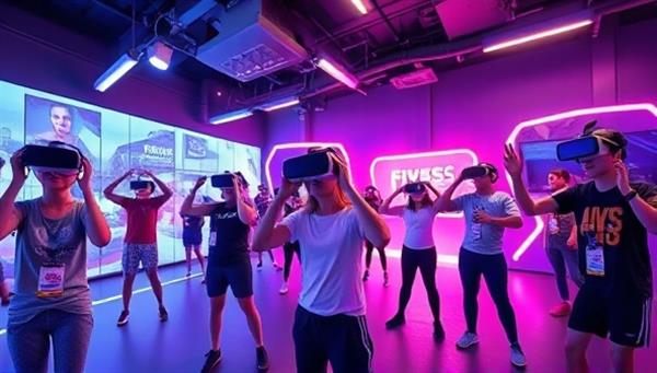 An immersive VR fitness challenge environment with users wearing VR headsets and engaging in virtual workouts, obstacle courses, and fitness quests in a futuristic and dynamic setting that merges technology with physical activity, creating an exciting and interactive fitness experience.