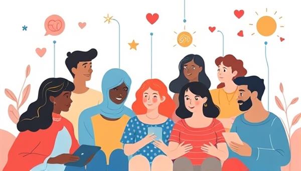 An empathetic digital illustration of diverse individuals connecting virtually in a supportive mental health community, sharing experiences and resources, with symbols of resilience and hope in the background, conveying a message of solidarity and understanding.