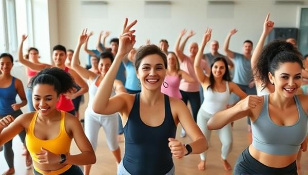 An energetic workout scene featuring a diverse group of people exercising together virtually, with motivational trainers leading the session and participants cheering each other on, conveying a sense of camaraderie and shared fitness goals.