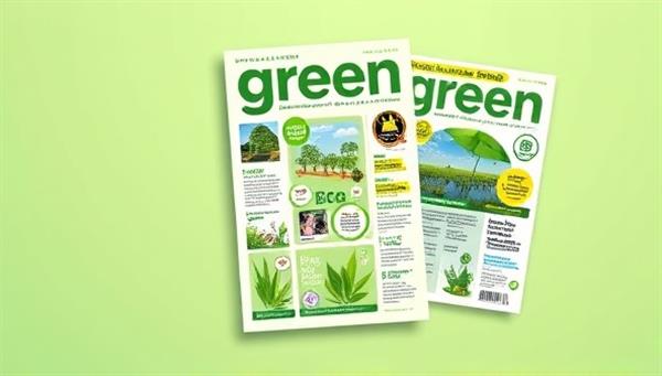 An eye-catching magazine cover design featuring vibrant green hues, eco-friendly symbols, and images of nature and sustainability practices, conveying a fresh and environmentally conscious aesthetic for the publication.