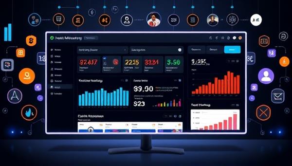 An elegant digital dashboard displaying customized marketing campaigns with real-time performance metrics, surrounded by digital icons representing customer segmentation and engagement data, symbolizing efficiency and innovation in marketing automation.