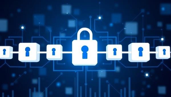 An abstract representation of a blockchain network with interconnected blocks forming a secure chain, symbolizing the transparent and secure nature of title verification provided by BlockTitle Verify.