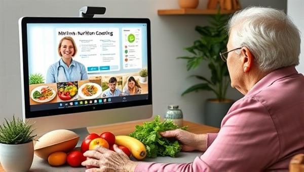 An elderly individual engaging in a virtual nutrition coaching session with a friendly nutrition coach, discussing meal plans on a computer screen while surrounded by colorful fruits and vegetables, promoting healthy eating habits for seniors.